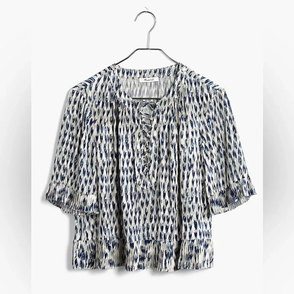 Madewell Sunpleat Lace-Up Top w/Painted Feathers - Sz S